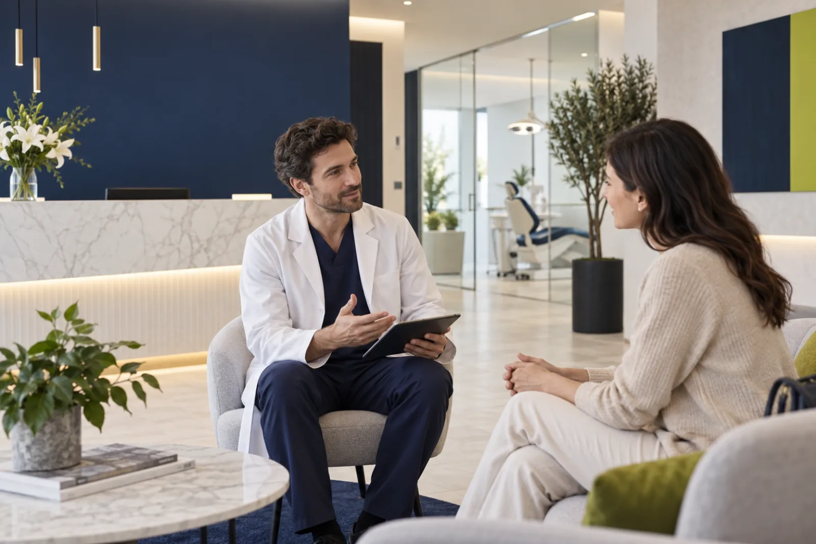 Dentist who welcomes a patient in a modern study