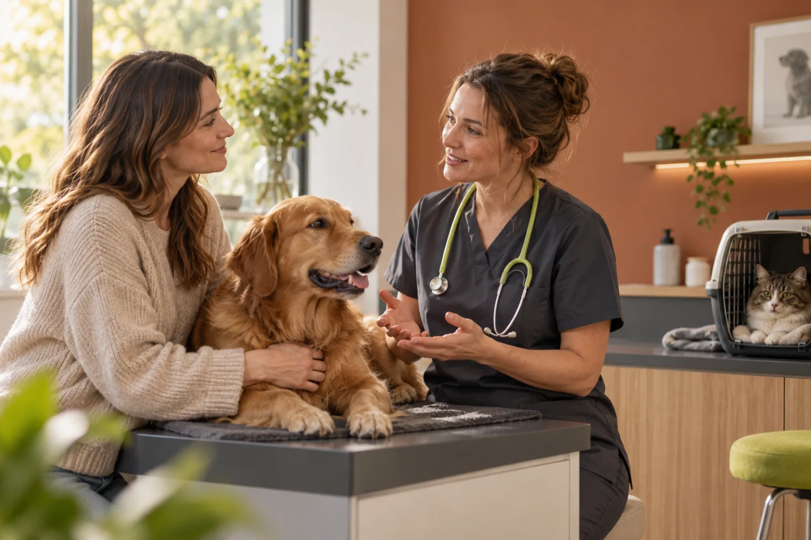 Veterinaria che accoglie una cliente con il suo animale