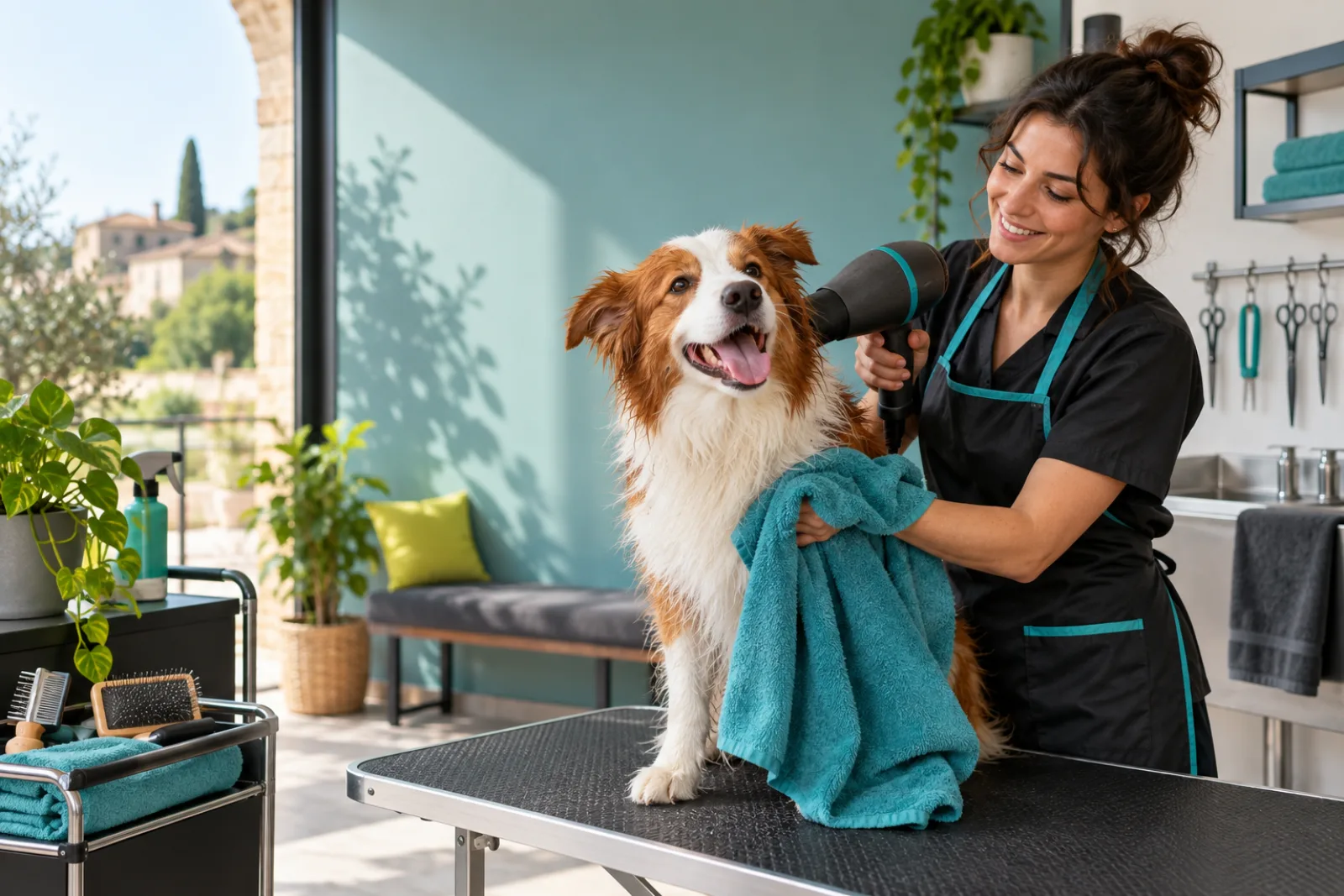 Toelettatrice that dries a dog in a modern environment